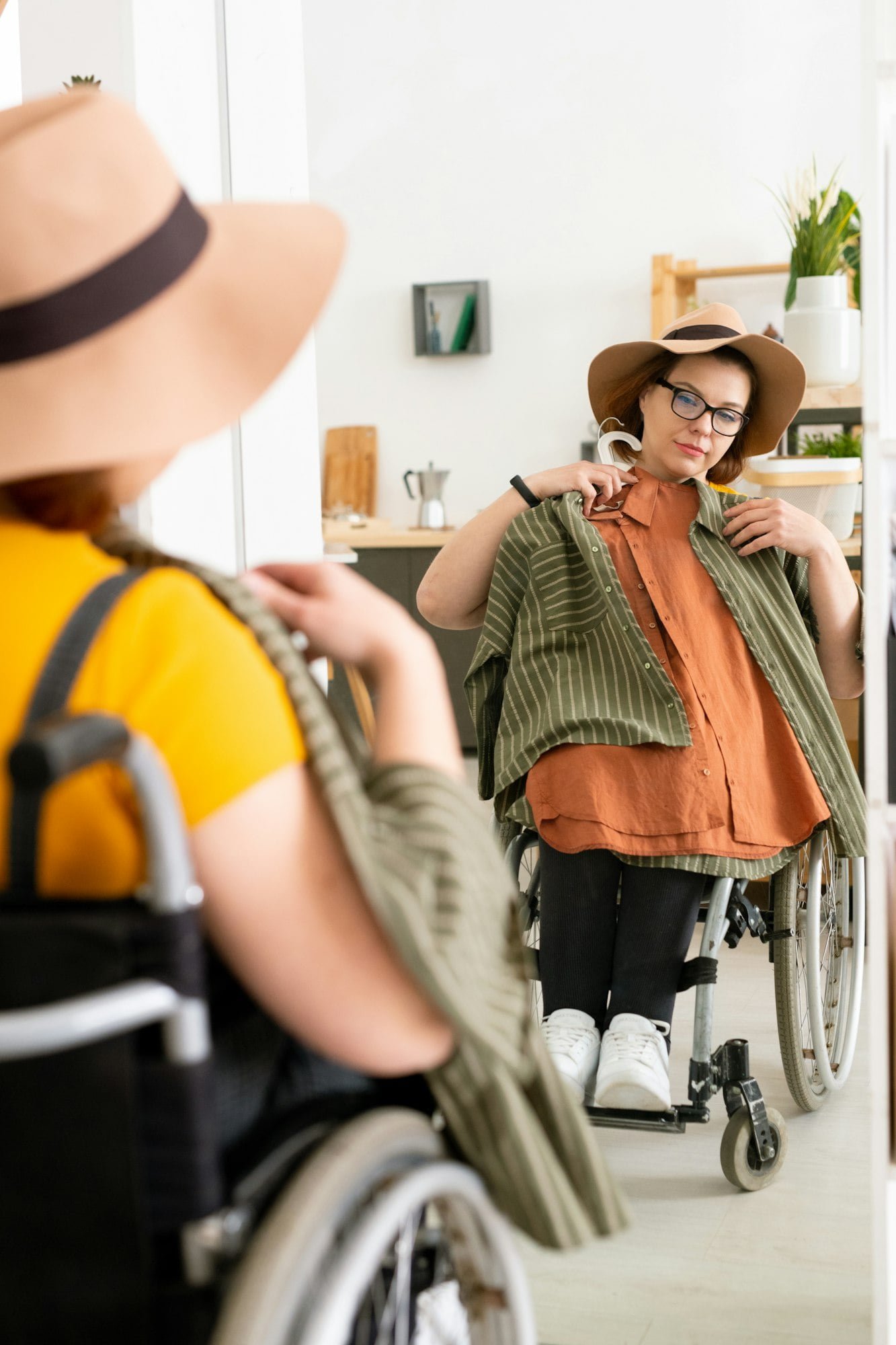 Disabled woman trying on clothes before walk